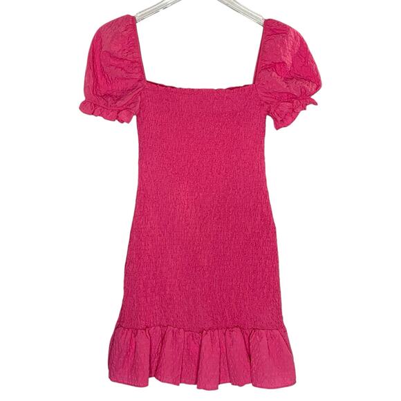 Zara XS NEW Sink Elastic Smocked Fabric Mini Dress Puff Sleeves Flounced Hem - Picture 2 of 10